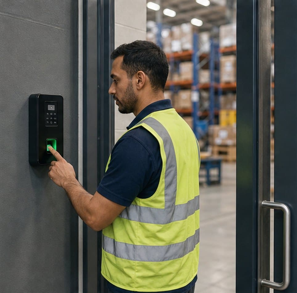 Warehouse worker checking in on a biometric fingerprint terminal