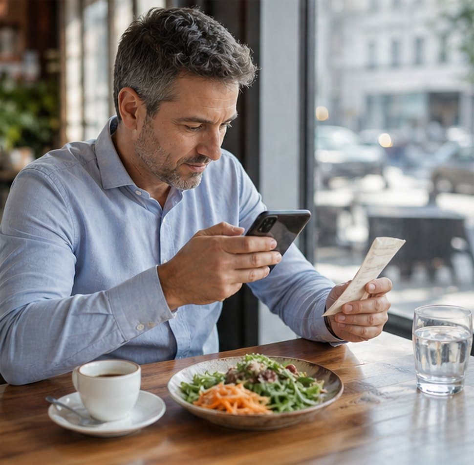 Professional photographing a receipt after a business lunch