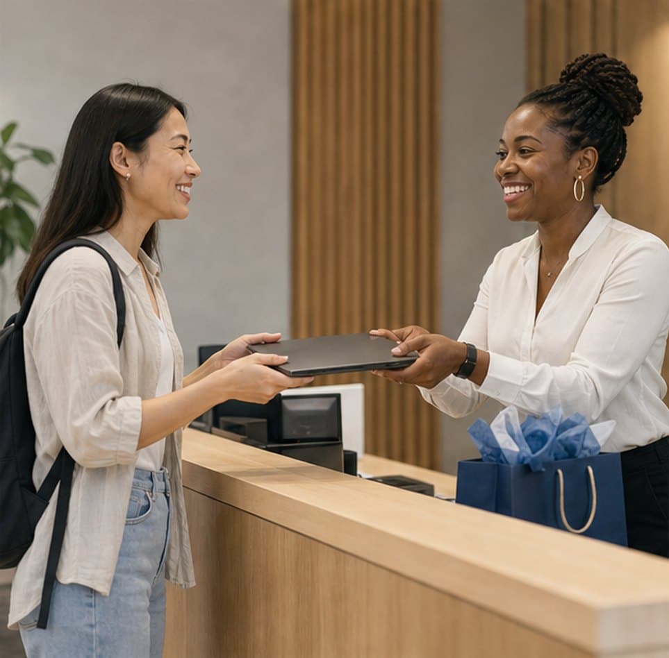 New hire receiving a laptop and welcome kit on the first day
