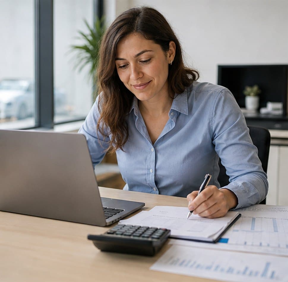 Payroll specialist reviewing figures at a tidy desk